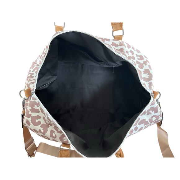 Cream & Brown Leopard Weekender Bag • Travel Duffel Tote • Overnight Carry On - Picture 6 of 7